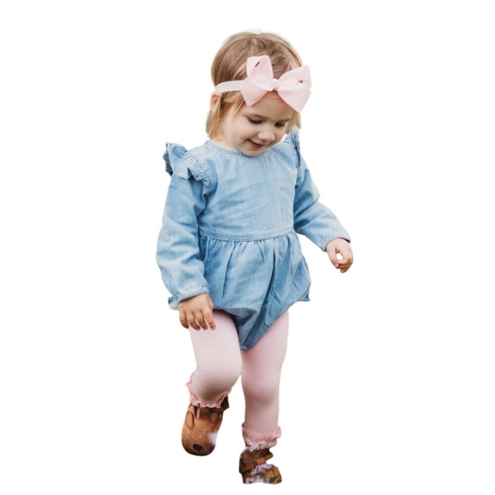 Babe Basics girls 6-12 M long sleeve denim bubble romper w/ruffled shoulders